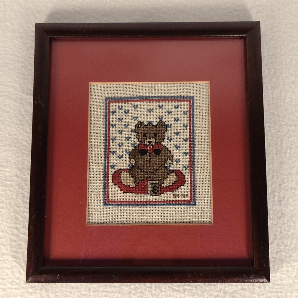 Vintage Needlepoint Teddy Bear Framed Art Country Brown Bear with Block